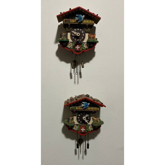 Vtg 1965 Pair of Small Swiss Cuckoo Cuckoo Clocks Chalet Style Blue Bird Fly's - Picture 1 of 10